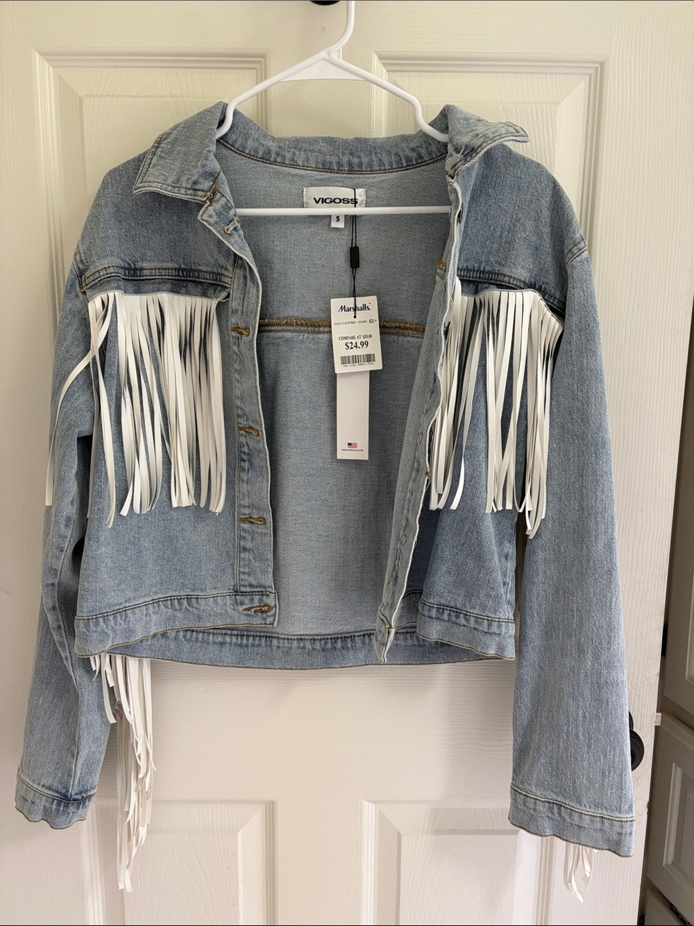 VIGOSS Light Blue Denim Jacket with White Fringe Accent